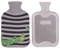 HomeTop Classic Rubber Hot Water Bottle w/Cute Yarn Knit Crocodile Cover (2 Liter) (Black/Gray)