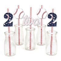 2nd Birthday Batter Up - Baseball - Paper Straw Decor - Second Birthday Party Striped Decorative Straws - Set of 24
