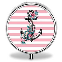 Compact 3 Compartment Medicine Case, IMLONE Customized Pink Stripes Anchor Pill Organizer Metal Pill Box Pill Container for Purse, Travelling and Daily Needs