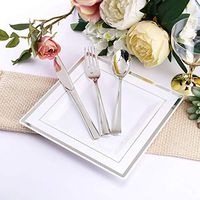 Efavormart 20 Pack 8" White Disposable Plates Square Plastic Plates Salad Dessert Plates With Shiny Gold Rim For Wedding Banquet