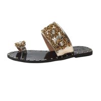 Benficial New Summer Women Shoes Fashion Crystal Rivet Flat-Heeled Open-Toed Sandals Gold