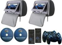GRAY Color Zipper Pair of Headrest 7" LCD Car Monitors with Region Free DVD player USB SD Inc. Wireless Game Controllers and 32 Bit Games