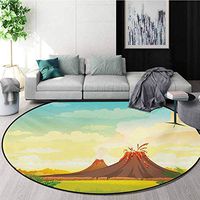 Volcano Modern Machine Washable Round Bath Mat,Prehistoric Mountain Magma View Lava with Clouds Ferns Tectonic Pastoral Landscape Non-Slip Living Room Soft Floor Mat,Round-55 Inch