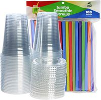 [100 Sets - 16 oz.] Plastic Cups With Flat Lids & Straws = 100 Clear Cups, 100 Flat Lids, 100 Jumbo Smoothie Straws