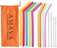 Regular & Jumbo Reusable Silicone Straws- Set of 10 Straws with Carrying Bag- BPA Free- Reusable Straws Compatible with Yeti/RTIC 30 oz Tumbler - Drinking Straws by AMAVA