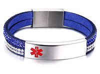 JF.JEWELRY Free Engraving Medical Alert ID Bracelet for Women with 2-Layers Velvet & Rhinestone Link 6.7",Blue