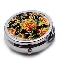 Round Stainless Steel Pill Box Case -Yellow Beautiful Flower Pattern- Pocket 2 inches Medicine Tablet Holder Organizer Case for Purse - Compact 3 Compartment