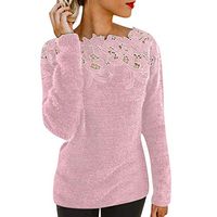 HNTDG Women Autumn Floral Hollow Soft Knitted Sweater Tops Warm Fleece Long Sleeve Pullover Shirt Pink
