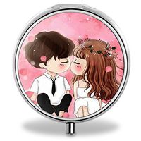 Kiss Pill Case, Round Stainless Drug Organizer Container Medicine Cover for Pocket Daily&Weekly