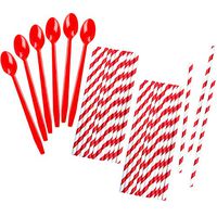 Red Plastic Sundae/Soda Spoons - 8 Inch - Red Paper Straws - 50 Each