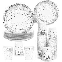Juvale 150 Count Disposable Paper Party Plates and Cups Set for 50 Guests, Silver Foil Dots