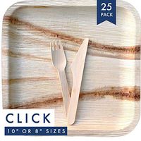 Disposable Palm Leaf Plate Set With Wood Forks and Knives - Compostable Eco Friendly Dessert & Appetizer Bamboo Style Party Plates - For Weddings, Baby Showers - Square 8" (25 Pack) by Sea To Sierra