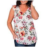 Meikosks Women's Floral Shirts V Neck Ruffles Sleeveless Blouse Printing Tank Tops Casual Pullover Red