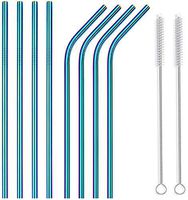 Reusable Stainless Steel Bent Straight Straws WEEGCN 2-SET 60MM Aperture Drinking Metal Straws Ultra Long Wide Safe Straws for Smoothies Milkshakes with Cleaning Brushes Storage Pouch (Blue1)