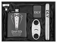 Engraved 7oz Stainless Steel Flask Funnel Cigar Cutter Lighter Wedding Tuxedo Gift Set Custom Personalized