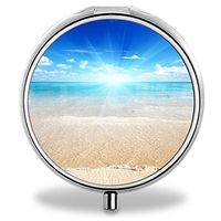 Lovely Pattern Travel Portable 3 Grid Stainless Steel Storage Box Small Round Medicine Drug Pill Case Container with 3 Compartments (Sunshine Beach Sea)