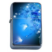Blue Butterfly Flower Flip Top Oil Lighter Em1 Smoking Cigarette Silver Case Included