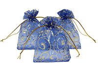 Ankirol 100pcs Sheer Organza Bag Eyelash Print Wedding Favor Bags 3.5x4.5'' Luxury Jewelry Candy Gift Card Bags with Gold Line Drawstring Pouches (Blue)