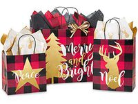 Stephanie Imports Made in USA Set of 6 Buffalo Plaid Christmas Paper Shopping Bags (3 Sizes) with Tissue Paper - 100% Recyclable