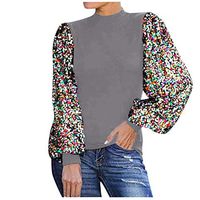 Kiyotoo Women Fashion Mock Neck Lantern Sleeve Sweatshirts Sequins Colorblock Insert Top Blouse Pullover Shirt Gray