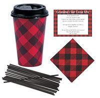 Farmhouse Decor Disposable Coffee or Hot Chocolate Cups (16 oz) with Lids, Napkins, Stir Straws and Recipe - Red & Black Buffalo Plaid - Cocoa Bar Kit Lumberjack Party Supplies Christmas(24 Count Set)