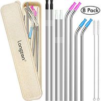 Longzon 8pcs Stainless Steel Metal Straws with Biodegradable Wheat Straw Material Carrying Case, 8.5’’ & 10.5’ Reusable Straws with Silicone Tips(4 Straight + 4 Bent + 2 Brushes+ 1 carry case)