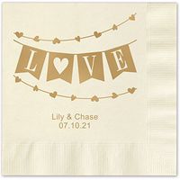 Banner Love Personalized Beverage Cocktail Napkins - 100 Custom Printed Ecru Paper Napkins with choice of foil