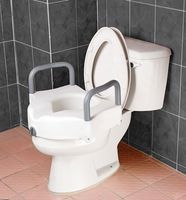 Raised Toilet Seat - Blow molded locking raised toilet seat with arms has front clamping mechanism ensures secure easy locking onto toilet. Arm height 6". Arm width 20". Weight capacity of 300lbs.