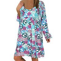 WENOVL Holiday Dresses for Women,Women's Ladies Plus Size Loose Print Long Sleeve O-Neck Mini Long Dress Blue