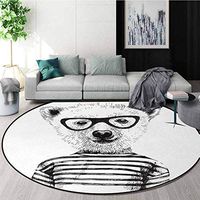 Animal Non-Slip Area Rug Pad Round,Dressed Up Hipster Nerd Smart Male Bear In Glasses Fun Character Animal Art Print Protect Floors While Securing Rug Making Vacuuming Diameter-35 Inch,Black White