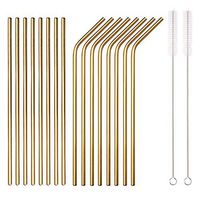HOMQUEN 18 Piece Gold Stainless Steel Straws, 8.5 '' Reusable Drinking Straws,with Portable pouch,Suitable for wine and cold drinks (8 Straight/8 Bent/2 Brushes)