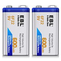 EBL 600mAh 9 Volt Li-ion Rechargeable 9V Batteries Lithium-ion, 2 Pack