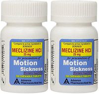Meclizine 25 mg Generic for Bonine Chewable Tablets for Prevention of Motion Sickness and Anti-Nausea 100 Tablets per Bottle Pack of 2 Total 200 Tablets