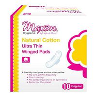 Maxim Natural Cotton Maxi Pad with Wings, 20ct, Regular Daytime Maxi Pads, No Chlorine/Dioxin/SAP, Biodegradable Sanitary Pad for Women, Breathable, Hypoallergenic, Cotton Winged Pads, 2 Packs of 10
