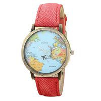 Watch Daoroka Fashion Global Travel by Plane Map Women Girl Dress Watch Denim Fabric Band Jewelry Gift (C)