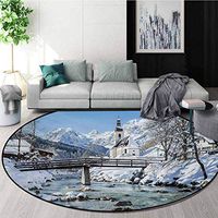 RUGSMAT Winter Small Round Rug Carpet,Panoramic View of Scenic Landscape in Bavaria Parish European Scenic Places Door Mat Indoors Bathroom Mats Non Slip,Diameter-31 Inch Blue Brown White