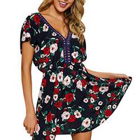 Claystyle Women's Summer Floral Print Short Sleeve Backless Casual Mini Dress(Black,M)