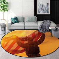 United States Modern Washable Round Bath Mat,Soldier Celebrating Victory Running with Large American Flag Armed Forces Non-Slip Bathroom Soft Floor Mat Home Decor Diameter-51 Inch,Multicolor