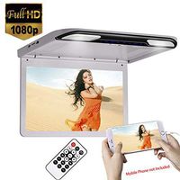 13.3inch Ultra- Thin 1080P Roof Mount Overhead Flip Down Monitor for Car Caravan SUV MPV Support USB/SD, HDMI Input, FM&IR Transmitter (Beige)