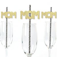 Gold Glitter Mom Party Straws - No-Mess Real Gold Glitter Cut-Outs & Decorative Mother's Day Paper Straws - Set of 24