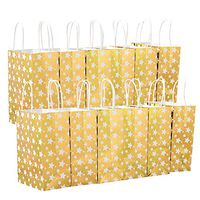 XNX 24 Pack Paper Christmas Gift Bags Party Favor Bags Recyclable Goodie Bags for Birthdays, Weddings, Baby Showers,Shopping.Gold Foil Stars Design, White(15 * 21 * 8cm) (Gold Star)