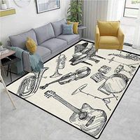 Jazz Music shag Area Rug Door Mat, Collection of Musical Instruments Sketch Style Art with Trumpet Piano Guitar, Durable Carpet Area rug - Living Dinning Room Bedroom Rugs and Carpets(8'x 10')