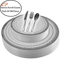Tiger Chef Plastic Dinnerware 300 Piece Set Service For 60 Guests Includes 60 10.75-inch Dinner Plates 60 7-inch Salad Plates 6 Cutlery Sets Forks, Spoons, And Knives Disposable BPA Free