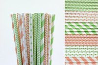 Light Pink and Mint Green Paper Straws Mix - Chevron, Striped and Polka Dots (75)