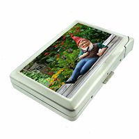 Gnomes Garden Decor D1 Cigarette Case Lighter Smoking King Size Cigarettes Silver Metal Wallet 4" X 2.75" RFID Protection