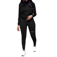 Wadonerful 2 Pcs Sportwear Set Women O Neck Long Sleeve Hoodie Hole Sweatshirt Top+Drawstring Pants Sport Suit Tracksuit (M, Black)