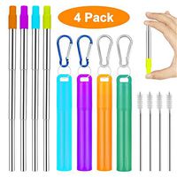Metal Straws Reusable Collapsible Stainless Steel Straws Portable Telescopic Drinking Straw for Tumbler Cold Beverage with Aluminum Key-chain Cases, Cleaning Brushes