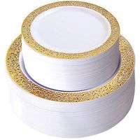 Gold Disposable Plastic Plates - with 51 Dinner Plates 10.25” and 51 Salads or Desert/Appetizer Plates 7.25'' Lace Rim for Christmas, Cocktail, Dinners, Weddings, Party and Holidays