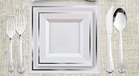 Party Bargains White Silver 240 Square Plastic Plates & 480 Upscale Collection Cutlery | Imperial Collection China Like Silver border Plate and Elegant Silverware - 720 Pcs | Combo Pack for 120 People