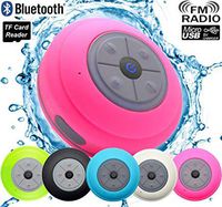 Guppy Water Resistant Bluetooth LED Shower Speaker FM Radio TF Card Reader, 2016 Model Kid-friendly, Built-in Control Buttons, Speakerphone, Powerful Suction Cup Best for Indoor/Outdoor Use (Pink)